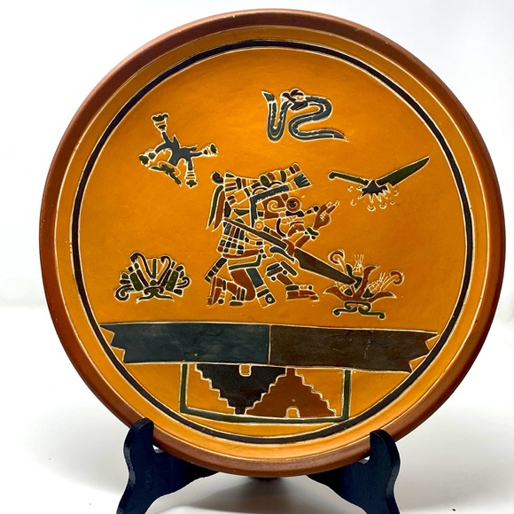 Vintage Mexican Aztec Maya Hand Painted Clay Pottery Plate